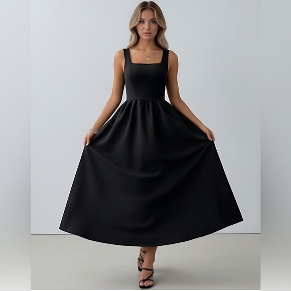 Classic Sleeveless V-Neck Ruffled Waist Fitted Midi Dress Black - Picture 2 of 11